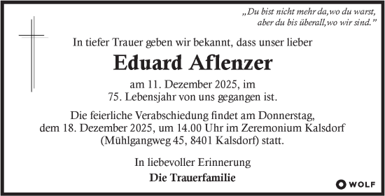 Traueranzeige von Eduard Aflenzer von Kleine Zeitung