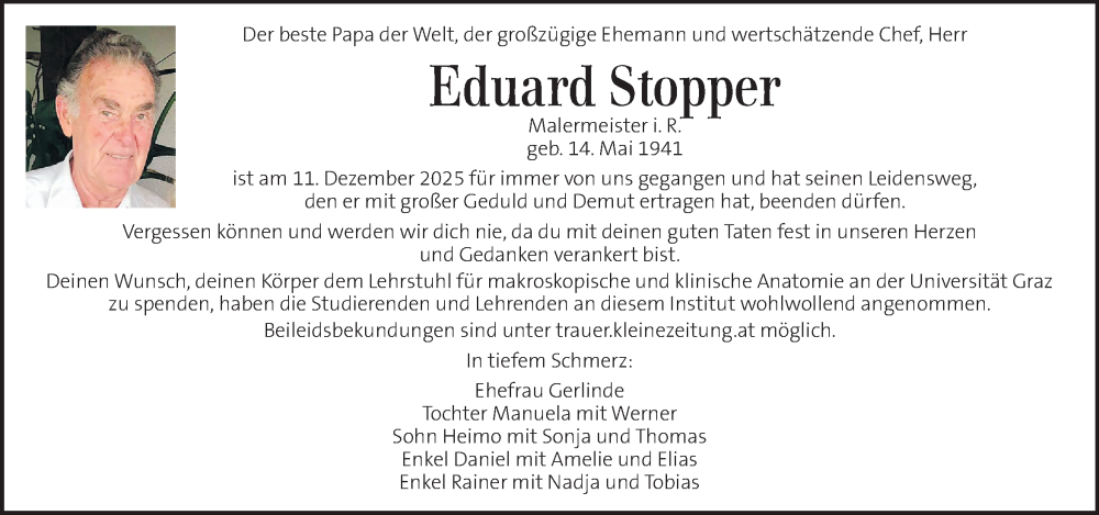  Traueranzeige für Eduard Stopper vom 20.12.2025 aus Kleine Zeitung