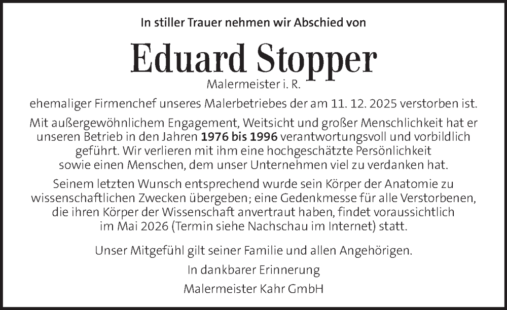  Traueranzeige für Eduard Stopper vom 20.12.2025 aus Kleine Zeitung