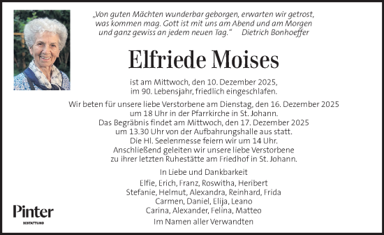 Traueranzeige von Elfriede Moises von Kleine Zeitung