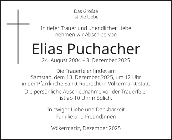 Traueranzeige von Elias Puchacher von Kleine Zeitung