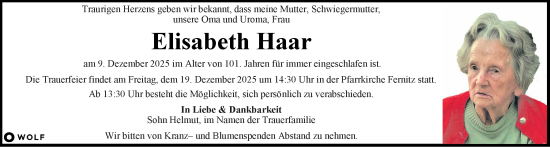 Traueranzeige von Elisabeth Haar von Kleine Zeitung