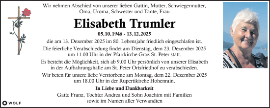 Traueranzeige von Elisabeth Trumler von Kleine Zeitung