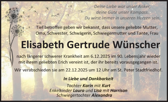 Traueranzeige von Elisabeth Gertrude Wünscher von Kleine Zeitung
