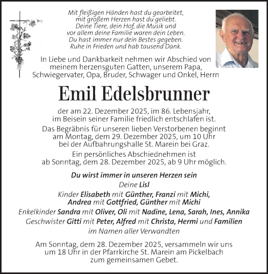 Traueranzeige von Emil Edelsbrunner von Kleine Zeitung