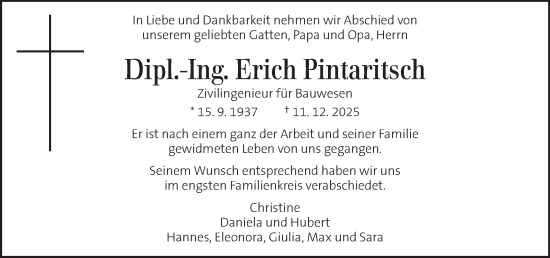 Traueranzeige von Erich Pintaritsch von Kleine Zeitung