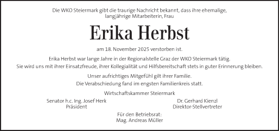 Traueranzeige von Erika Herbst von Kleine Zeitung