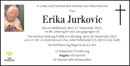 Traueranzeige von Erika Jurkovic von Kleine Zeitung