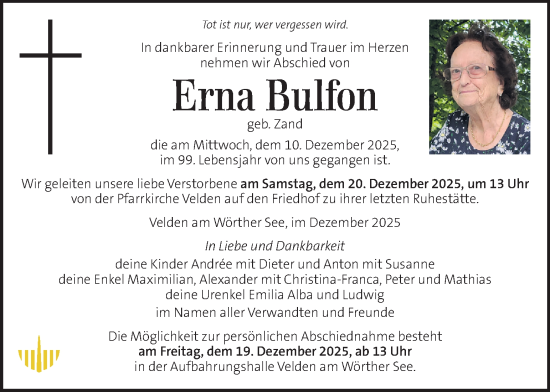 Traueranzeige von Erna Bulfon von Kleine Zeitung