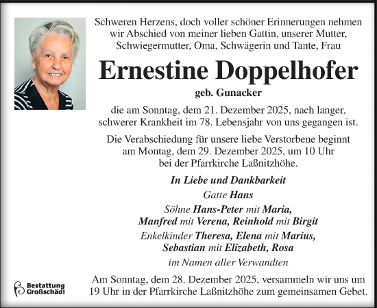 Traueranzeige von Ernestine Doppelhofer von Kleine Zeitung