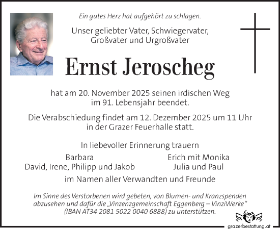 Traueranzeige von Ernst Jeroscheg von Kleine Zeitung