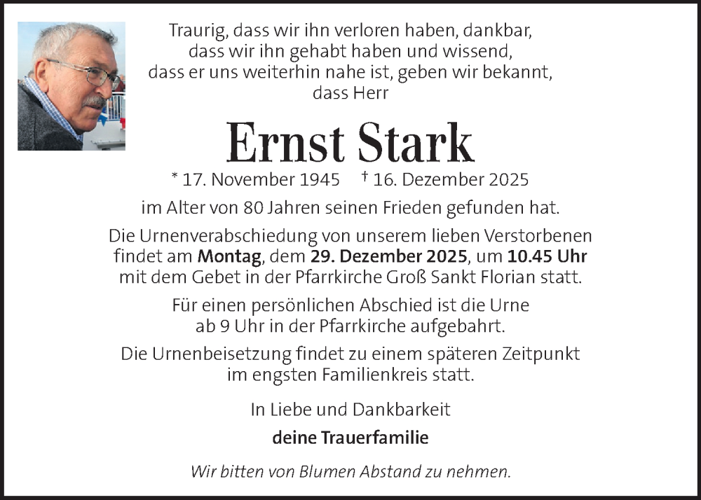  Traueranzeige für Ernst Stark vom 28.12.2025 aus Kleine Zeitung