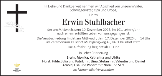 Traueranzeige von Erwin Stuhlbacher von Kleine Zeitung