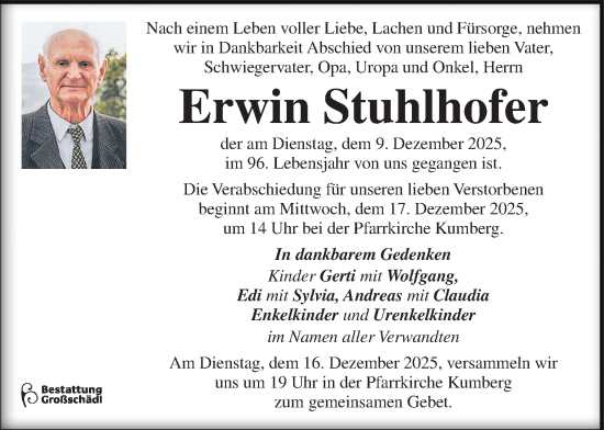 Traueranzeige von Erwin Stuhlhofer von Kleine Zeitung