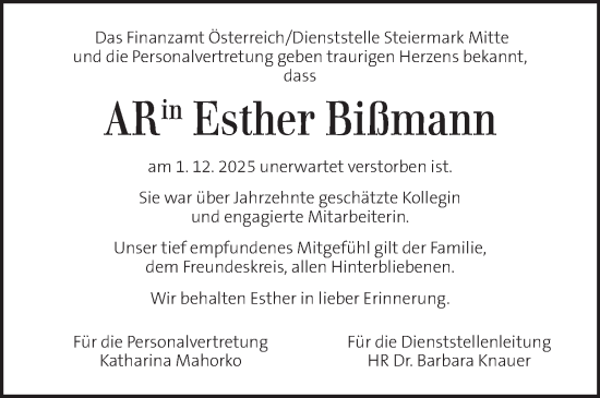 Traueranzeige von Esther Bißmann von Kleine Zeitung