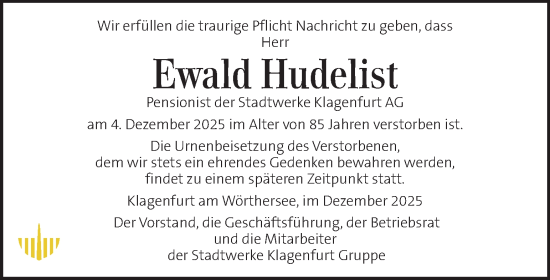 Traueranzeige von Ewald Hudelist von Kleine Zeitung