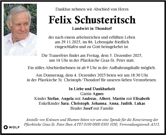 Traueranzeige von Felix Schusteritsch von Kleine Zeitung