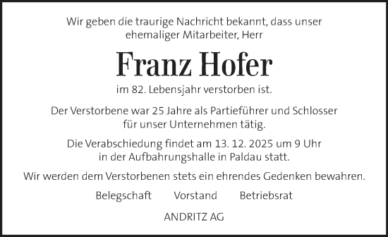 Traueranzeige von Franz Hofer von Kleine Zeitung