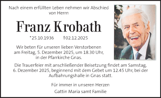 Traueranzeige von Franz Krobath von Kleine Zeitung