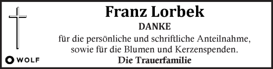 Traueranzeige von Franz Lorbek von Kleine Zeitung