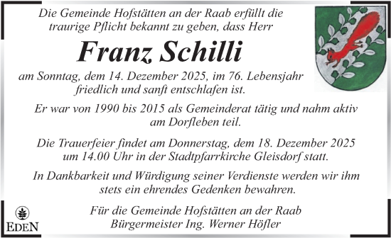 Traueranzeige von Franz Schilli von Kleine Zeitung