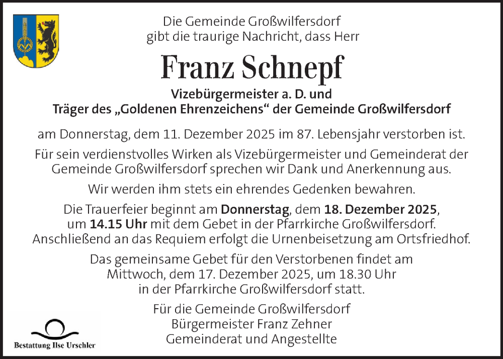  Traueranzeige für Franz Schnepf vom 16.12.2025 aus Kleine Zeitung