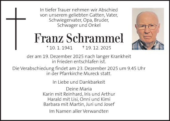Traueranzeige von Franz Schrammel von Kleine Zeitung