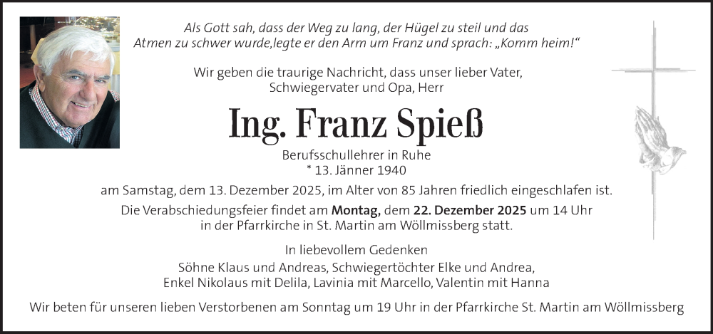  Traueranzeige für Franz Spieß vom 18.12.2025 aus Kleine Zeitung