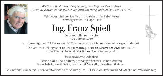 Traueranzeige von Franz Spieß von Kleine Zeitung