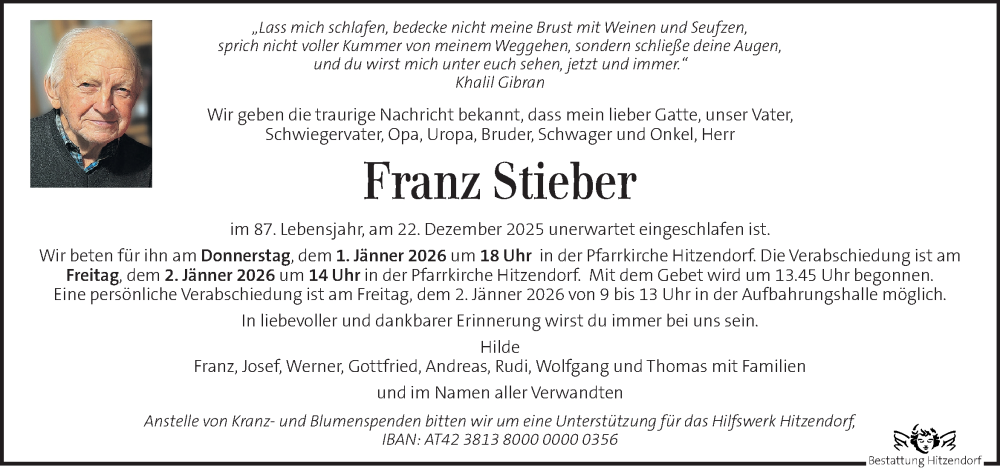  Traueranzeige für Franz Stieber vom 31.12.2025 aus Kleine Zeitung