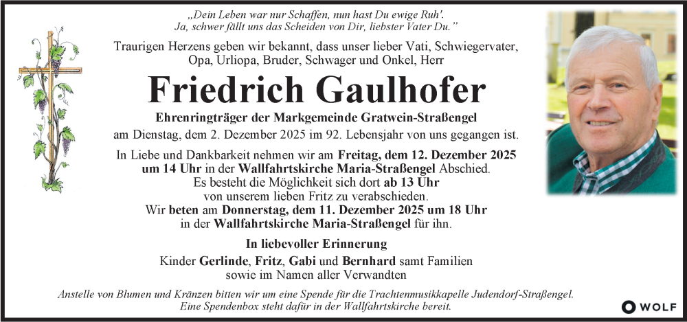  Traueranzeige für Friedrich Gaulhofer vom 07.12.2025 aus Kleine Zeitung