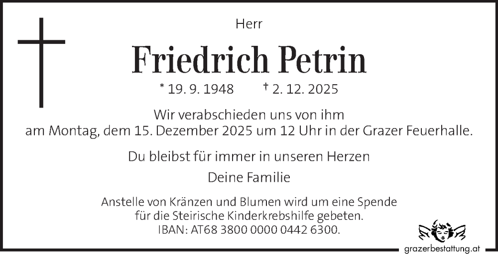  Traueranzeige für Friedrich Petrin vom 10.12.2025 aus Kleine Zeitung