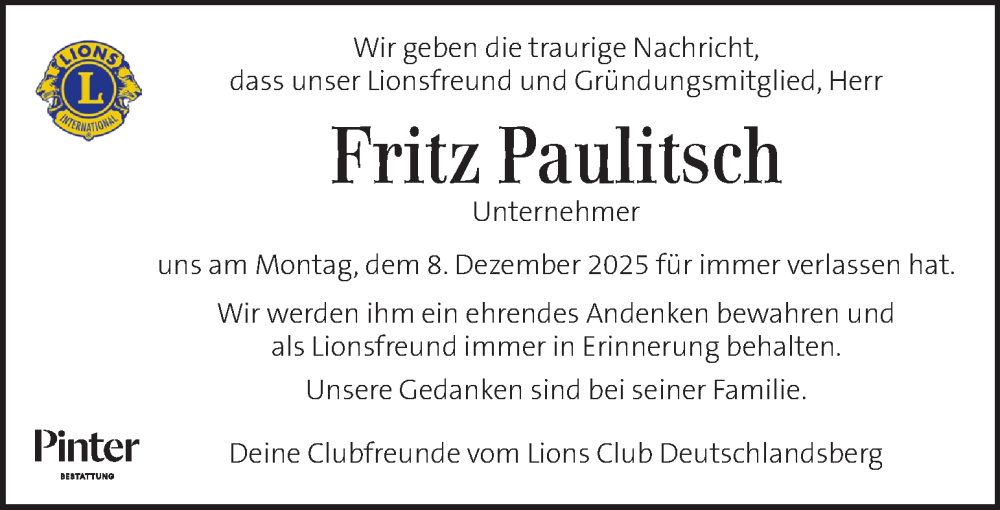  Traueranzeige für Fritz Paulitsch vom 14.12.2025 aus Kleine Zeitung