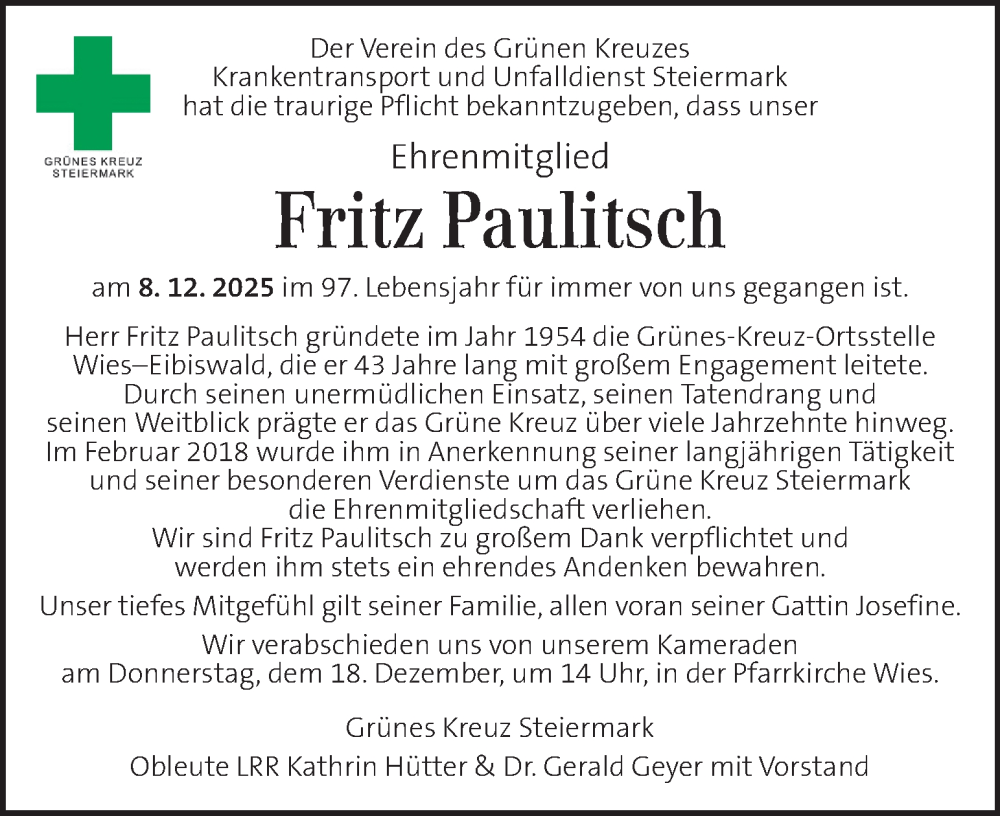  Traueranzeige für Fritz Paulitsch vom 12.12.2025 aus Kleine Zeitung