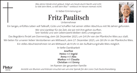 Traueranzeige von Fritz Paulitsch von Kleine Zeitung