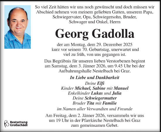 Traueranzeige von Georg Gadolla von Kleine Zeitung