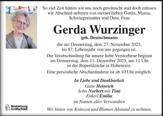 Traueranzeige von Gerda Wurzinger von Kleine Zeitung
