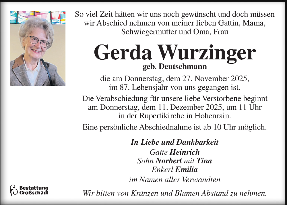  Traueranzeige für Gerda Wurzinger vom 07.12.2025 aus Kleine Zeitung