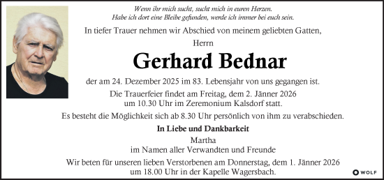 Traueranzeige von Gerhard Bednar von Kleine Zeitung