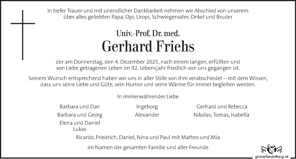  Traueranzeige für Gerhard Friehs vom 13.12.2025 aus Kleine Zeitung