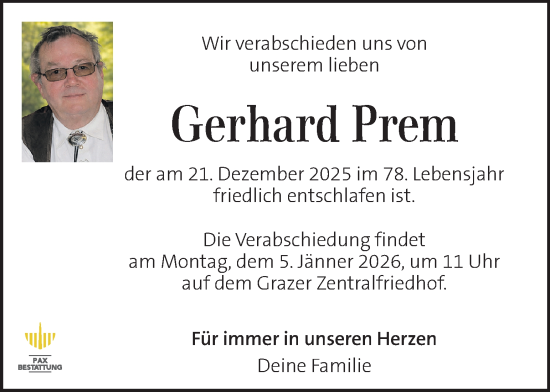 Traueranzeige von Gerhard Prem von Kleine Zeitung