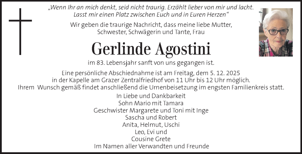  Traueranzeige für Gerlinde Agostini vom 02.12.2025 aus Kleine Zeitung