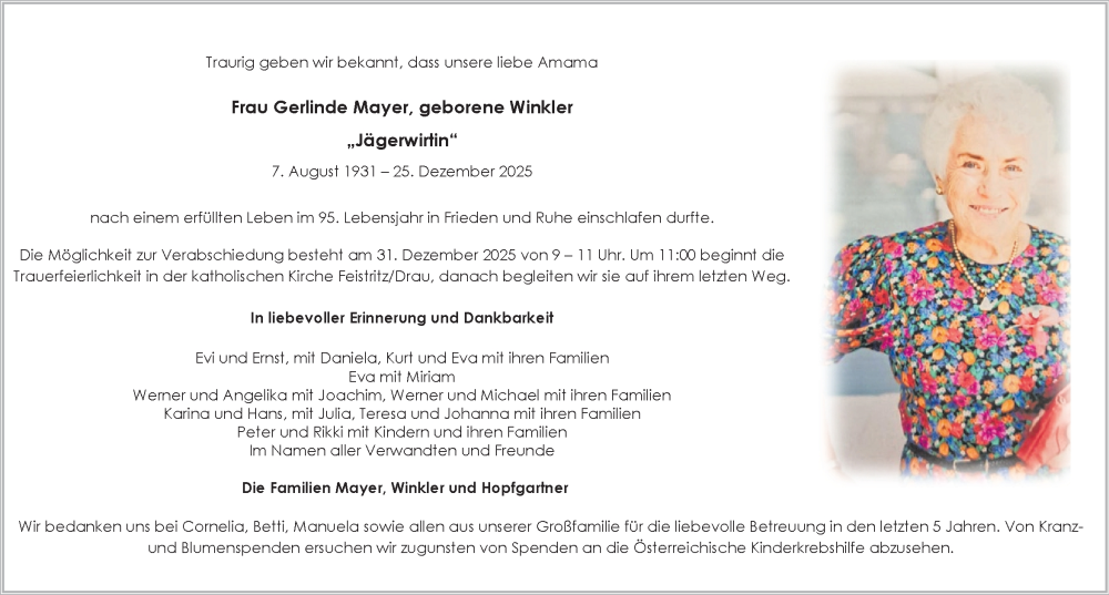  Traueranzeige für Gerlinde Mayer vom 30.12.2025 aus Kleine Zeitung