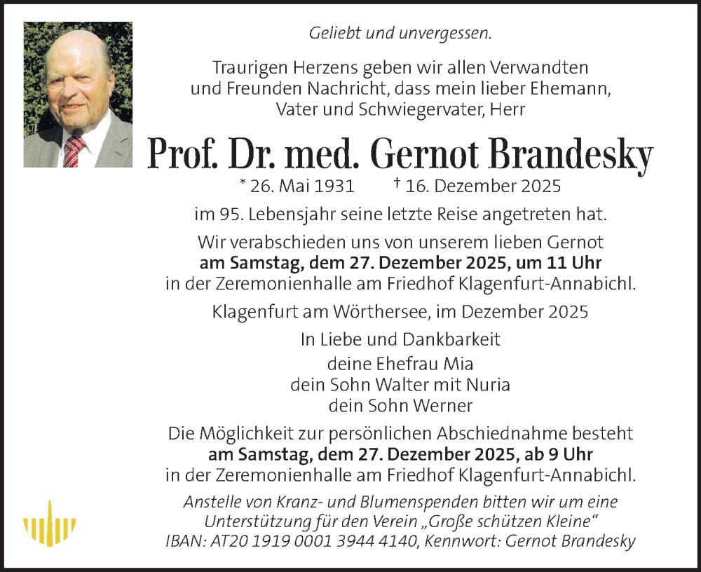  Traueranzeige für Gernot Brandesky vom 20.12.2025 aus Kleine Zeitung