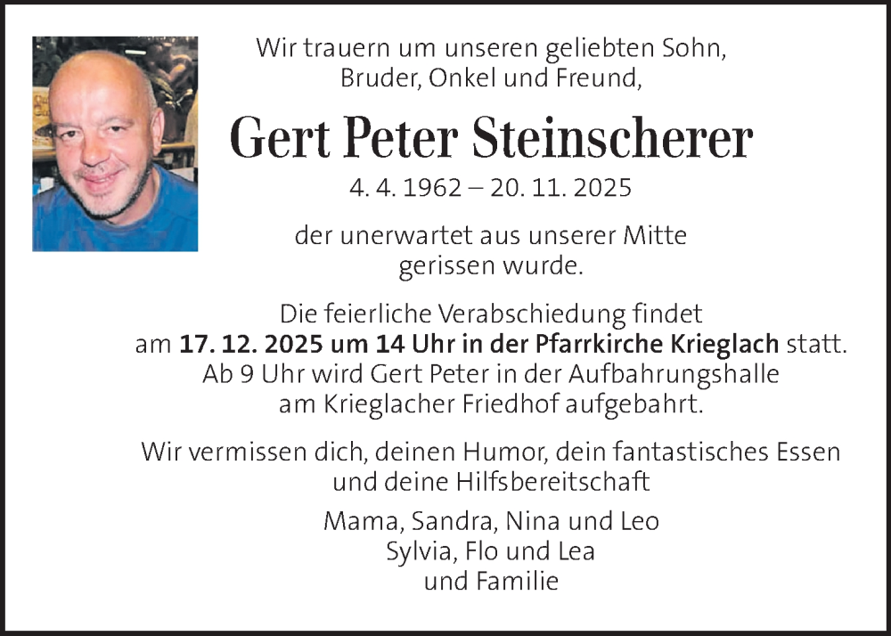  Traueranzeige für Gert Peter Steinscherer vom 13.12.2025 aus Kleine Zeitung