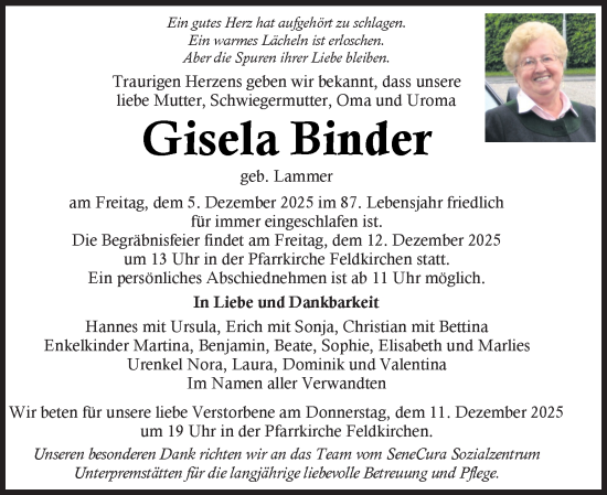 Traueranzeige von Gisela Binder von Kleine Zeitung