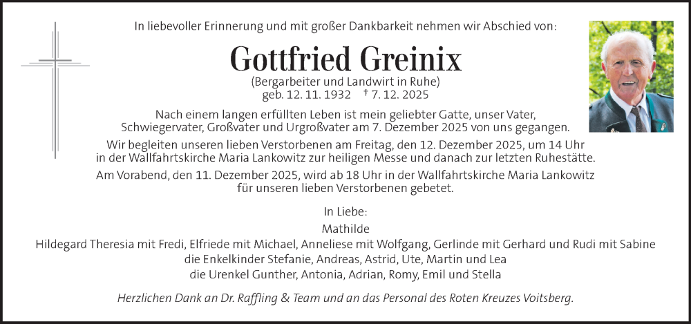  Traueranzeige für Gottfried Greinix vom 11.12.2025 aus Kleine Zeitung