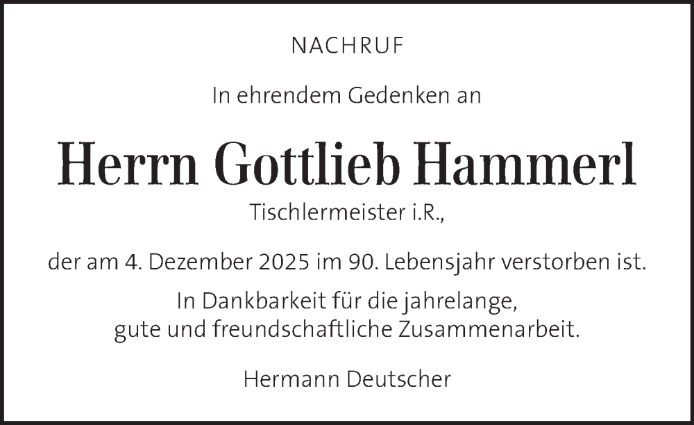  Traueranzeige für Gottlieb Hammerl vom 13.12.2025 aus Kleine Zeitung