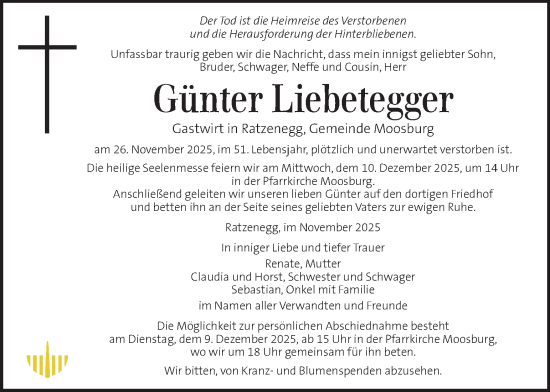Traueranzeige von Günter Liebetegger von Kleine Zeitung