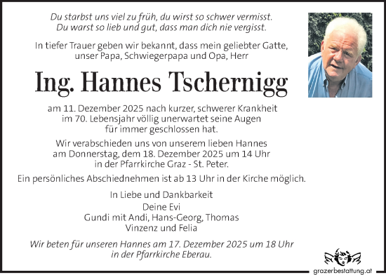 Traueranzeige von Hannes Tschernigg von Kleine Zeitung